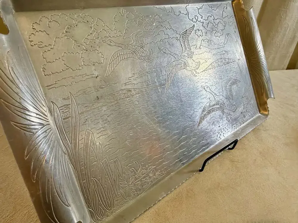 Vintage Admiration Aluminum Serving Tray with Embossed Geese Scenery